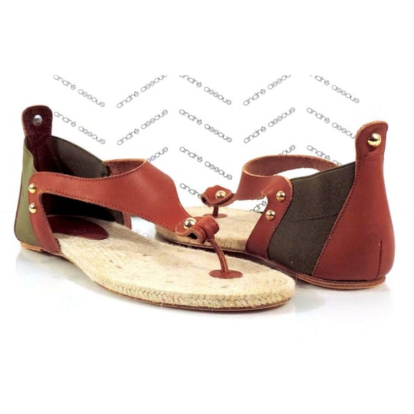 Andre Assous Tresor T- Strap Flat Thong Sandals Leather Green / Cognac Size 10 - Picture 1 of 9